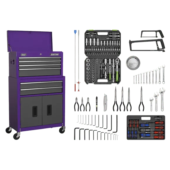 Topchest & Rollcab Combination 6 Drawer with Ball-Bearing Slides – Purple/Grey & 128pc Tool Kit
