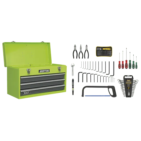 3 Drawer Portable Tool Chest with Ball-Bearing Slides – Hi-Vis & 93pc Tool Kit