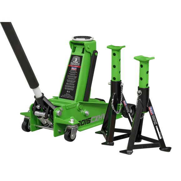 Sealey 3tonne Trolley Jack with Super Rocket Lift & Axle Stands (Pair) - Hi-Vis Green 3015CXHV