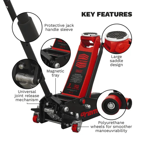 3 Tonne Trolley Jack with Rocket Lift &#8211; Red