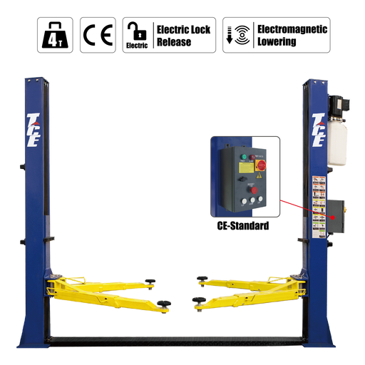 4-Ton 2-post car lift for garages with electric lock release and CE-standard control box.