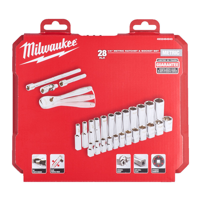 Milwaukee 1/4 Drive Ratchet & Socket Set Metric - 28 pcs