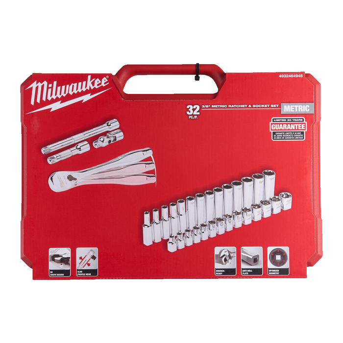 Milwaukee 3/8 Drive Ratchet & Socket Set Metric - 32 pcs