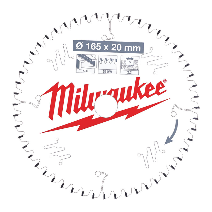 MILWAUKEE CIRCULAR SAW BLADE P ALU 165 X20 X2.2 X52 TF NEG. -1 PC