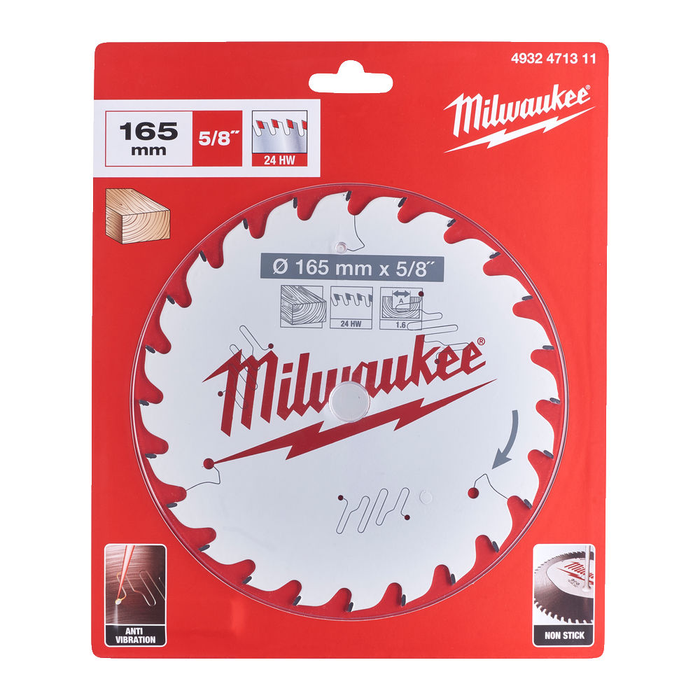 Milwaukee Circular Saw Blades For Wood 165mm x 15.87mm x 1.6 - 24 T - 1 pc