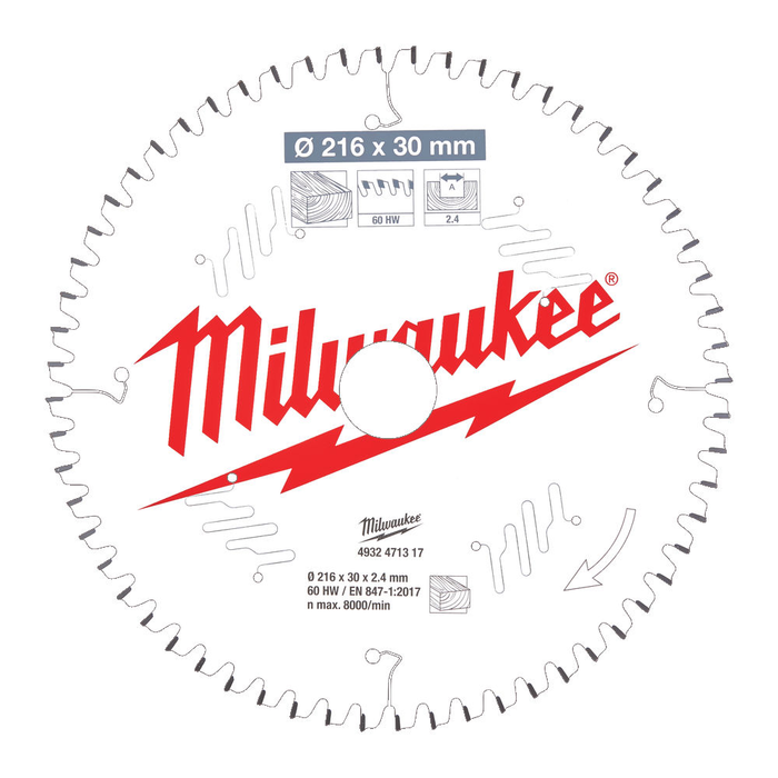 MILWAUKEE CIRCULAR SAW BLADE MS W 216 X30 X2.4 X60 ATB NEG. -1 PC
