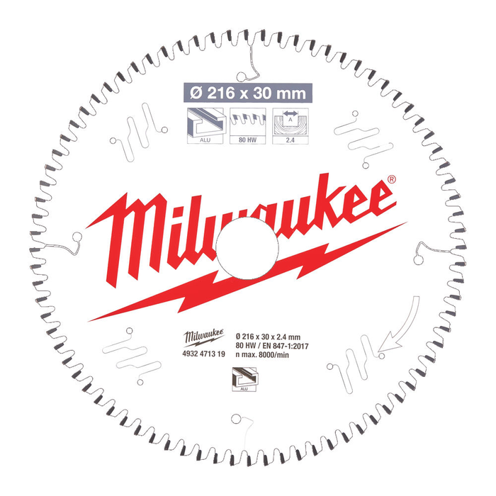 MILWAUKEE CIRCULAR SAW BLADE MS ALU 216 X30 X2.4 X80 TF NEG. -1 PC