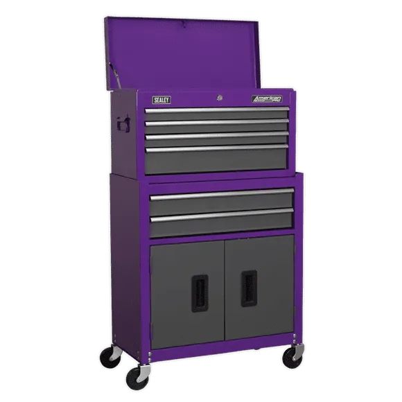 Topchest &#038; Rollcab Combination 6 Drawer with Ball-Bearing Slides &#8211; Purple/Grey &#038; 128pc Tool Kit