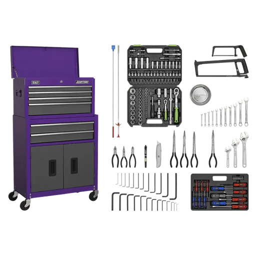 Topchest &#038; Rollcab Combination 6 Drawer with Ball-Bearing Slides &#8211; Purple/Grey &#038; 128pc Tool Kit