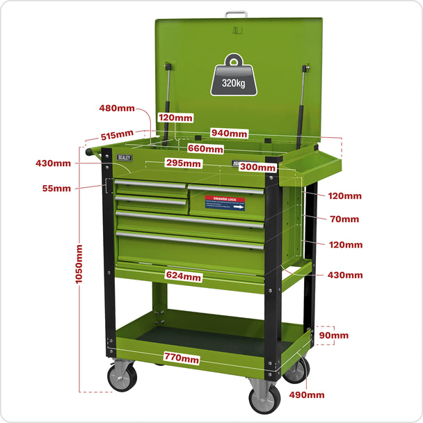 Sealey Superline PRO® Heavy-Duty Mobile Tool & Parts Trolley with 5 Drawers and Lockable Top - Hi-Vis Green AP890MHV