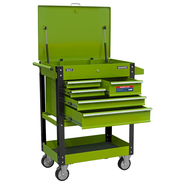 Sealey Superline PRO® Heavy-Duty Mobile Tool & Parts Trolley with 5 Drawers and Lockable Top - Hi-Vis Green AP890MHV