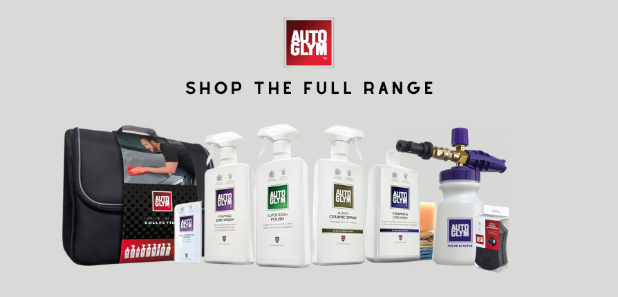 Autoglym car detailing kit with Super Resin Polish, Ceramic Spray, and Polar Blaster foam cannon.