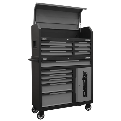 Black and gray Sealey Superline PRO mobile tool chest and roller cabinet combo with top lid, multiple drawers, side cupboard, and swivel casters.