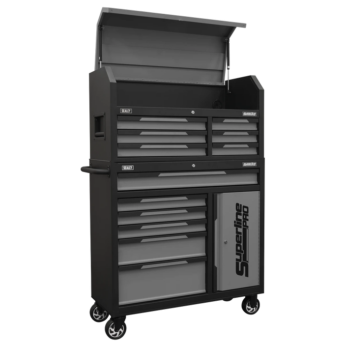 Black and gray Sealey Superline PRO mobile tool chest and roller cabinet combo with top lid, multiple drawers, side cupboard, and swivel casters.