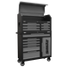 Black and gray Sealey Superline PRO mobile tool chest and roller cabinet combo with top lid, multiple drawers, side cupboard, and swivel casters.
